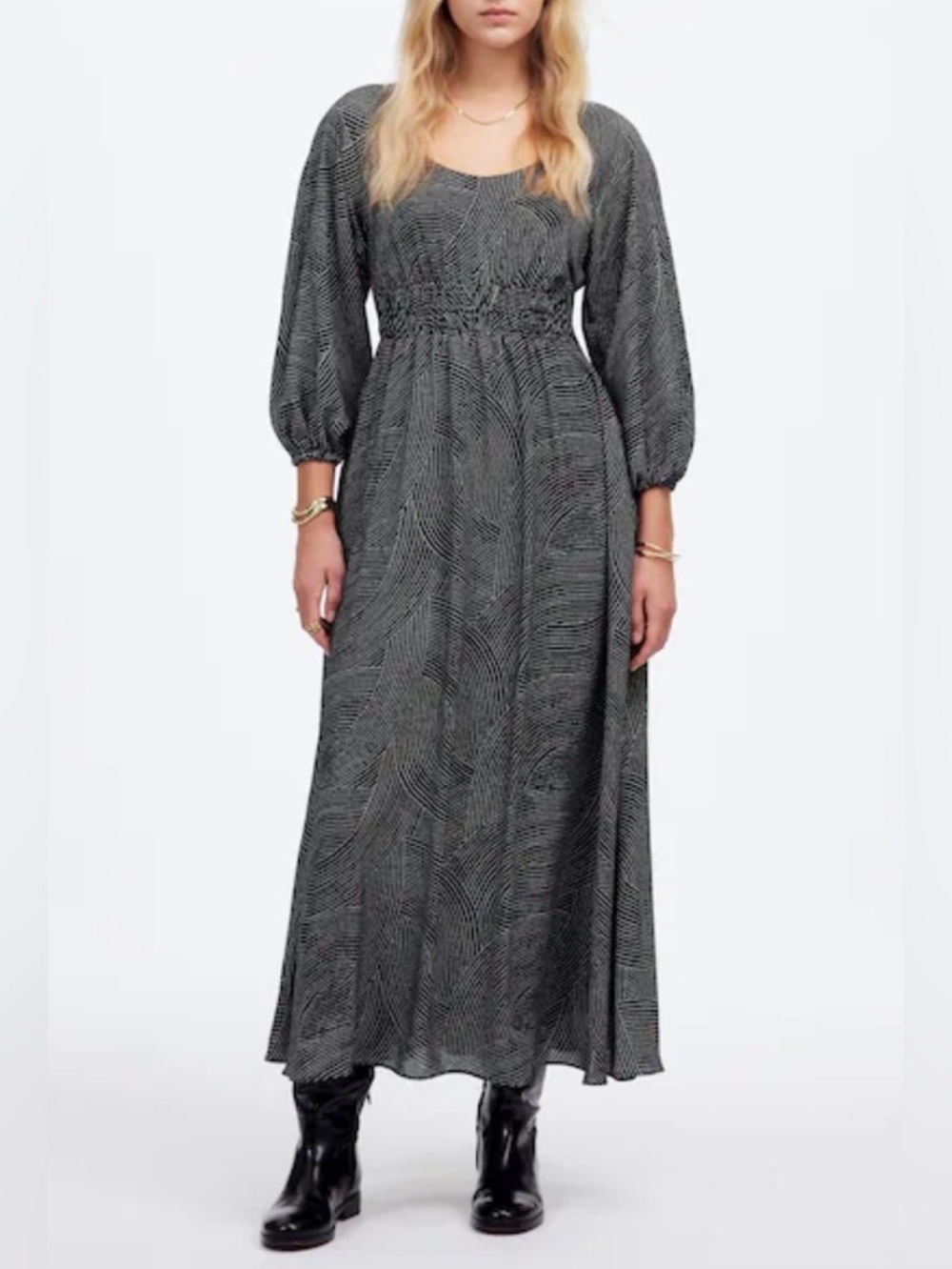 Madewell Balloon-Sleeve Ruched Midi Dress in Black Dot XL Women’s